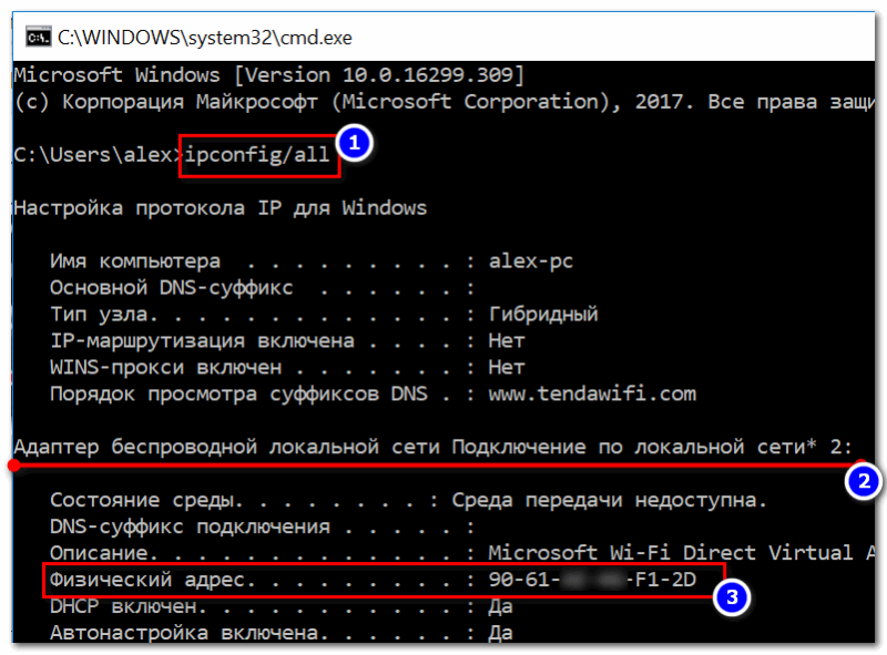 Командная строка - отображает информацию о сетевых адаптерах