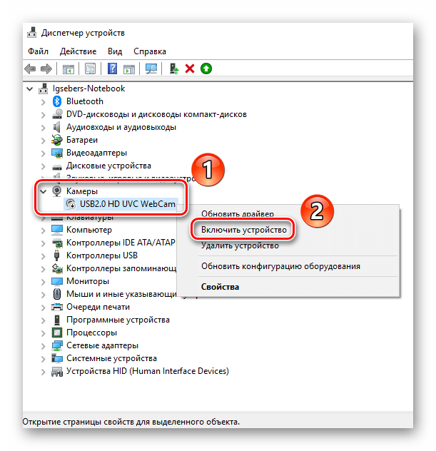 Включение камеры в диспетчере устройств в Windows 10
