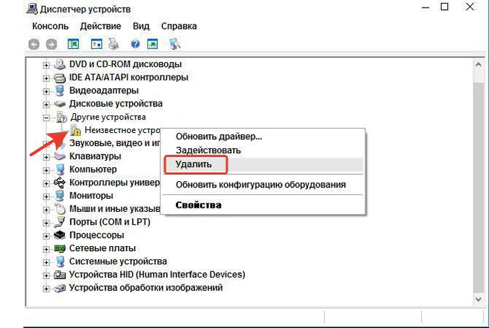 Мы удаляем отмеченные устройства, щелкнув по ним правой кнопкой мыши и выбрав «Удалить» левой кнопкой