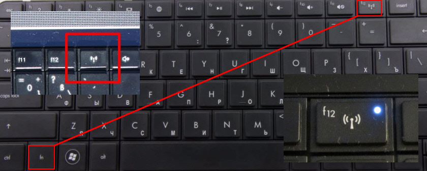 Клавиши Fn + F12 на ноутбуке HP для включения Wi-Fi