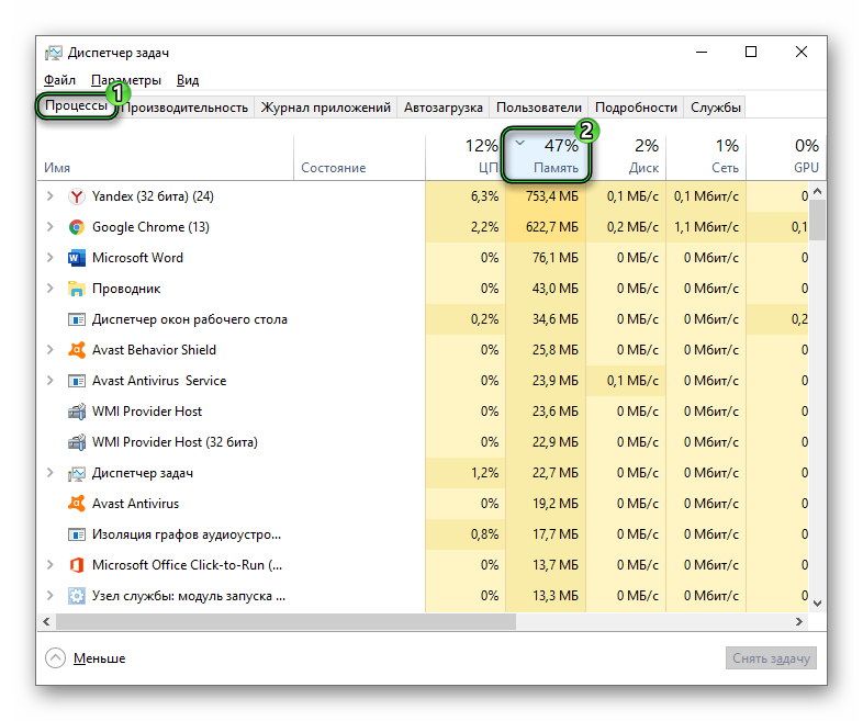 Просмотр свободной оперативной памяти в диспетчере задач Windows